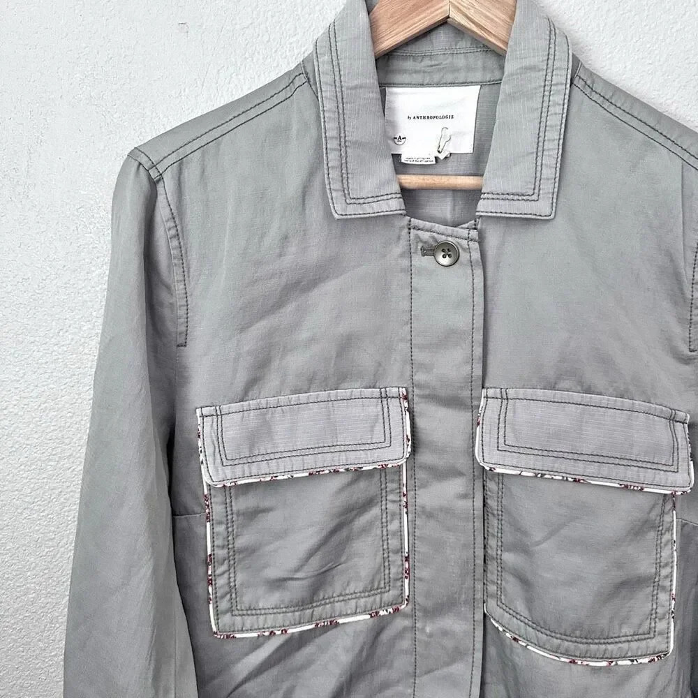 ANTHROPOLOGIE | Light Sage Green Jacket Linen Floral Piped Trucker Jacket | XL - Picture 5 of 15